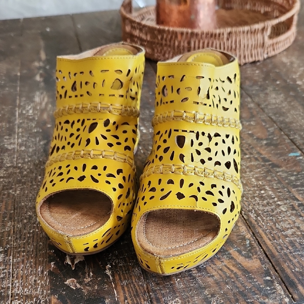 Mustard Yellow Leather Wedges with Laser-Cut Design